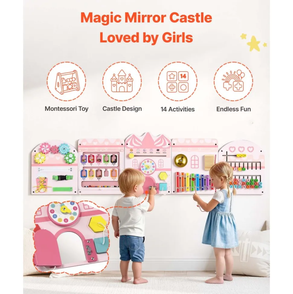 VEVOR Wall Busy Board, 14-in-1 Castle Montessori Sensory Activity Panels, Learning Activity Center for Daycare, Classroom, Playroom, and Home, Sturdy Wooden Educational Toys, with Mounting Hardware