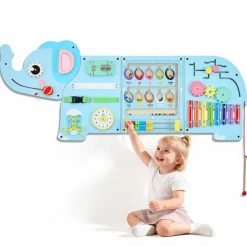 VEVOR Wall Busy Board, 14-in-1 Elephant Montessori Sensory Activity Panels, Learning Activity Center for Daycare, Classroom, Playroom, and Home, Sturdy Wooden Educational Toys, with Mounting Hardware