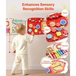 VEVOR Wall Busy Board, 13-in-1 Rocket Montessori Sensory Activity Panels, Learning Activity Center for Daycare, Classroom, Playroom, and Home, Sturdy Wooden Educational Toys, with Mounting Hardware
