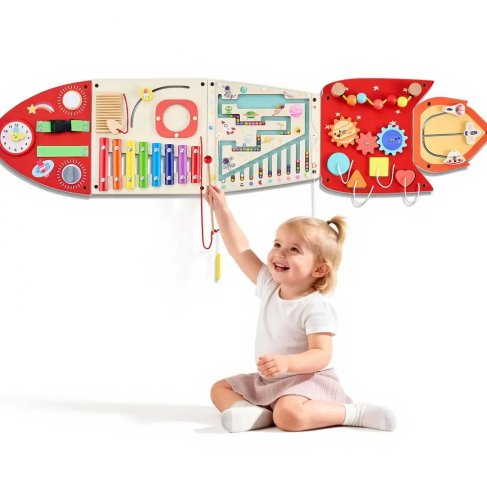 VEVOR Wall Busy Board, 13-in-1 Rocket Montessori Sensory Activity Panels, Learning Activity Center for Daycare, Classroom, Playroom, and Home, Sturdy Wooden Educational Toys, with Mounting Hardware