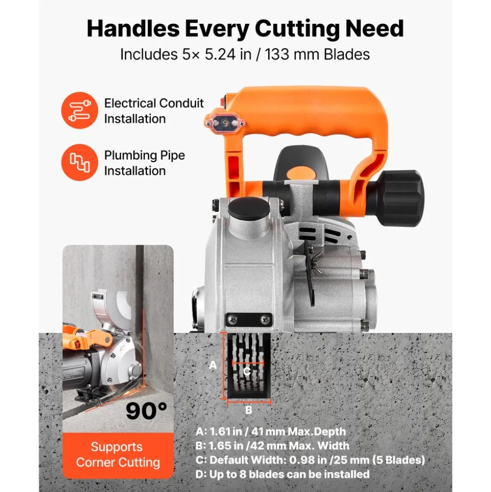 VEVOR Wall Chaser, 4800W Electric Wall Groove Cutting Machine, 6800 RPM Max Speed, Concrete Slotting Cutter with Guide Line, 5 pcs Blades, Adjustable Handle for Cutting Grooves in Brick, Concrete