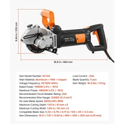 VEVOR Wall Chaser, 4800W Electric Wall Groove Cutting Machine, 6800 RPM Max Speed, Concrete Slotting Cutter with Guide Line, 5 pcs Blades, Adjustable Handle for Cutting Grooves in Brick, Concrete