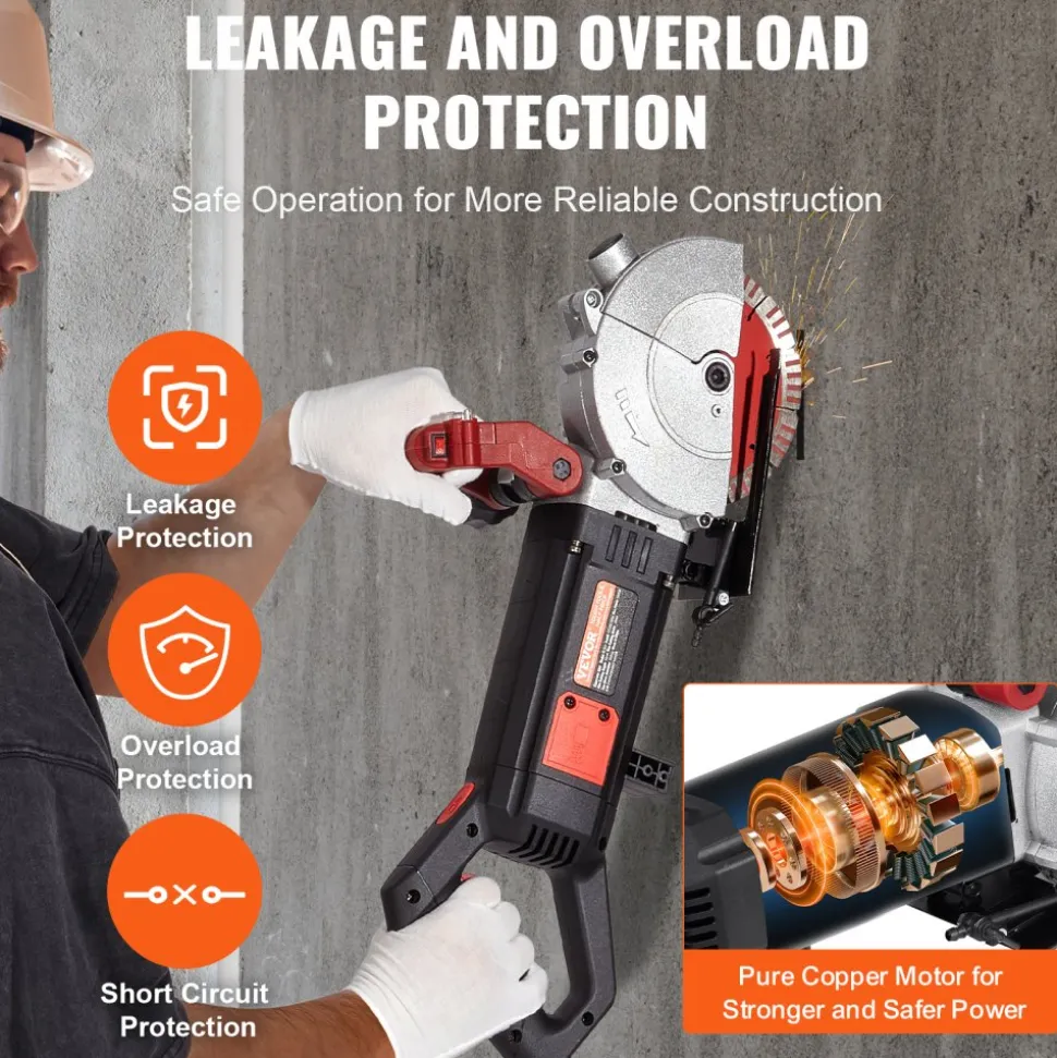 VEVOR Wall Chaser, 2500W 38mm/1.5" Cutting Width,Wall Groove Cutting Machine 52mm/2" Cutting Depth,Wall Slotting Machine With 5 Saw Blades 6.3" Diameter 6300r/Min,One-time Forming Dustless