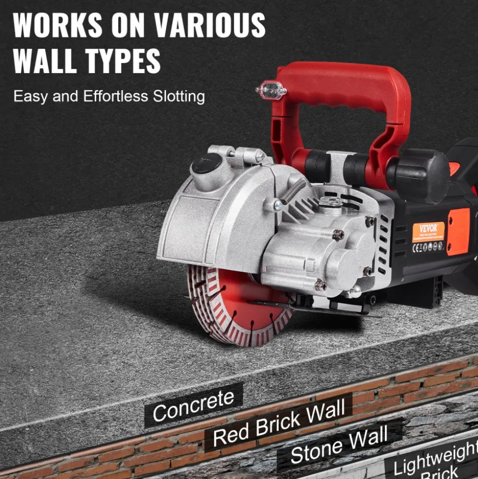 VEVOR Wall Chaser, 2500W 38mm/1.5" Cutting Width,Wall Groove Cutting Machine 52mm/2" Cutting Depth,Wall Slotting Machine With 5 Saw Blades 6.3" Diameter 6300r/Min,One-time Forming Dustless