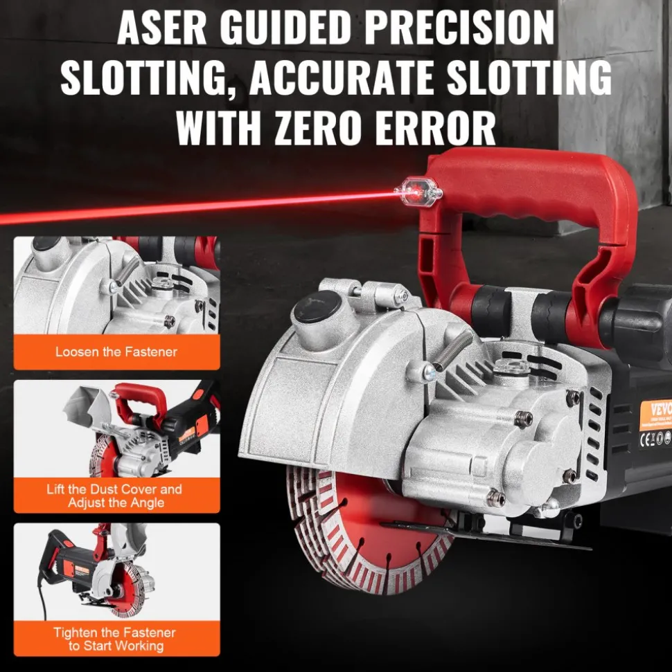 VEVOR Wall Chaser, 2500W 38mm/1.5" Cutting Width,Wall Groove Cutting Machine 52mm/2" Cutting Depth,Wall Slotting Machine With 5 Saw Blades 6.3" Diameter 6300r/Min,One-time Forming Dustless