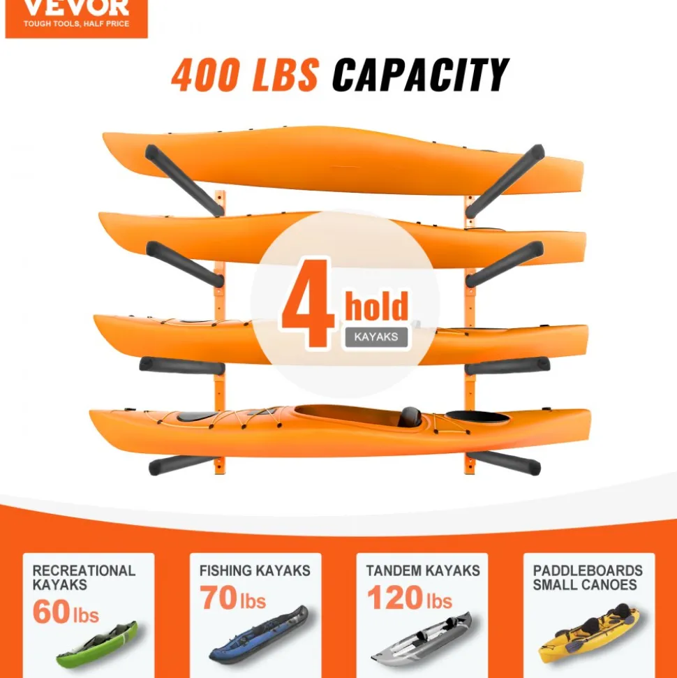 VEVOR Wall Kayak Storage Rack, 4-Capacity Wall Mounted Kayak Holders for Kayak Canoe Paddle Board, Kayak Storage Hooks with Adjustable Padded Arms, 400 LBS Load Kayak Hanger for Indoor Outdoor Garage