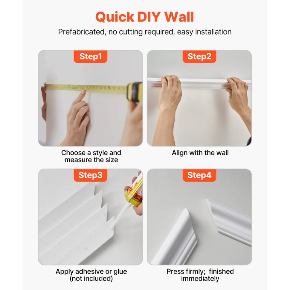 VEVOR Wall Molding 3 Pack, Wainscoting Panels Kit with Dual-Line Wide & Narrow Profile, Lightweight Paintable Polystyrene, Easy to Install Accent Wall Trim for Interior Living Room, Bedroom,White