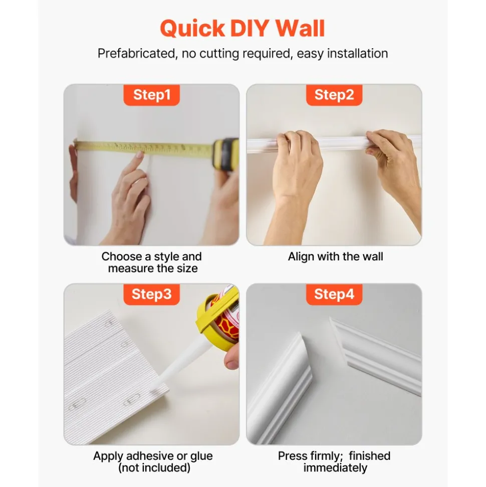 VEVOR Wall Molding 3 Pack, Wainscoting Panels Kit, Lightweight Paintable Polystyrene, Easy to Install, Waterproof Accent Wall Trim for Interior Décor Living Room, Bedroom, White (24x54 + 24x24 in)