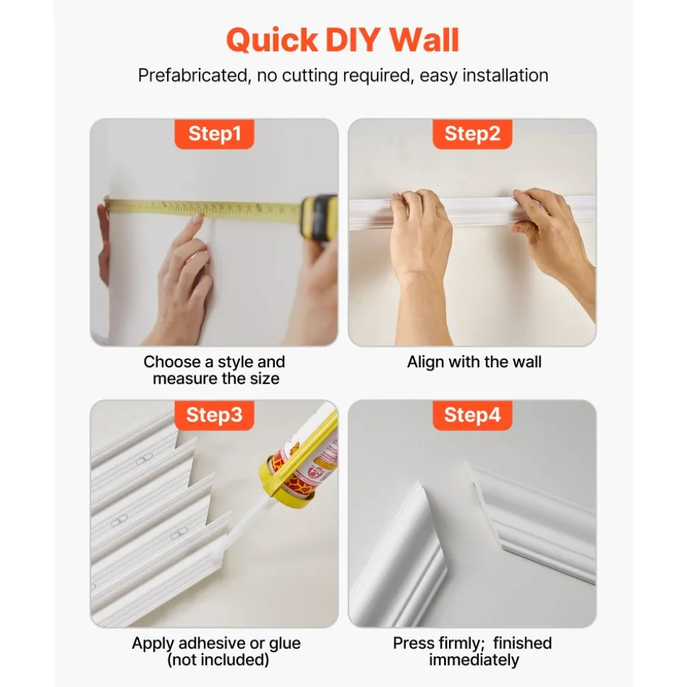 VEVOR Wall Molding 6 Pack, Wainscoting Panels Kit, Lightweight Paintable Polystyrene, Easy to Install, Waterproof Accent Wall Trim for Interior Décor Living Room, Bedroom, White (24x54 + 24x24 in)