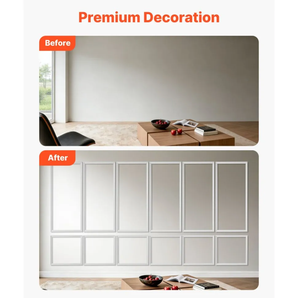 VEVOR Wall Molding 6 Pack, Wainscoting Panels Kit, Lightweight Paintable Polystyrene, Easy to Install, Waterproof Accent Wall Trim for Interior Décor Living Room, Bedroom, White (24x54 + 24x24 in)