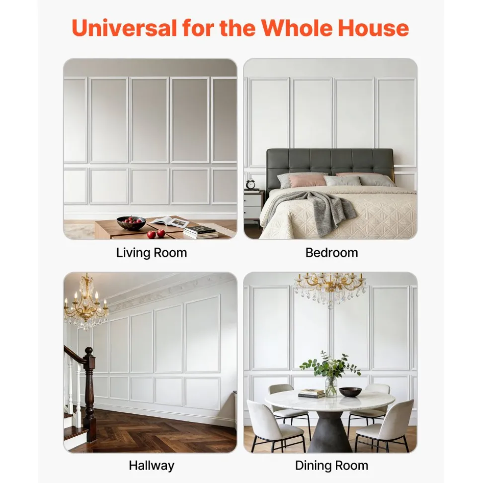 VEVOR Wall Molding 6 Pack, Wainscoting Panels Kit, Lightweight Paintable Polystyrene, Easy to Install, Waterproof Accent Wall Trim for Interior Décor Living Room, Bedroom, White (24x54 + 24x24 in)