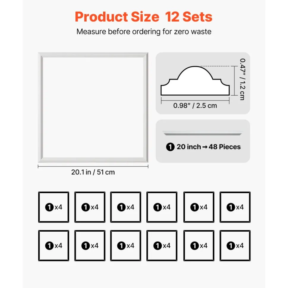 VEVOR Wall Molding 12 Pack, 20 x 20 in Wainscoting Panels Kit, Lightweight Paintable Polystyrene, Easy to Install, Waterproof Accent Wall Trim for Interior Décor Living Room, Bedroom, Home, White