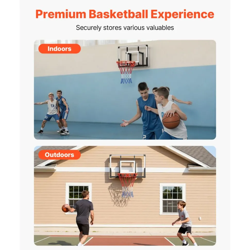 VEVOR Wall Mount Basketball Hoop, 44-inch PC Backboard Mounted Basketball Hoop Outdoor with Solid Steel, 0.08 inch Thickened Backboard, Thickened Woven Nylon Basketballs Net, Indoor & Outdoor Use
