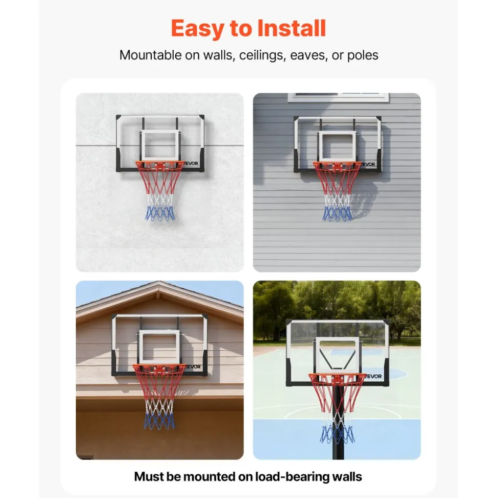VEVOR Wall Mount Basketball Hoop, 44-inch PC Backboard Mounted Basketball Hoop Outdoor with Solid Steel, 0.08 inch Thickened Backboard, Thickened Woven Nylon Basketballs Net, Indoor & Outdoor Use