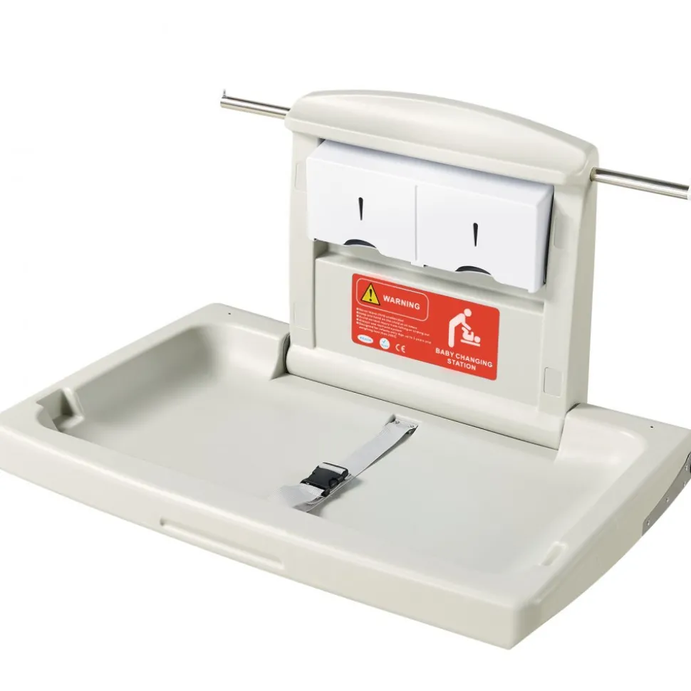 VEVOR Wall-Mounted Baby Changing Station, Horizontal Foldable Diaper Change Table with Safety Straps and Hanging Rods, Use in Commercial Bathrooms, Daycare Centers for Newborns & Infant