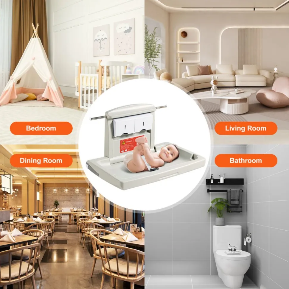 VEVOR Wall-Mounted Baby Changing Station, Horizontal Foldable Diaper Change Table with Safety Straps and Hanging Rods, Use in Commercial Bathrooms, Daycare Centers for Newborns & Infant