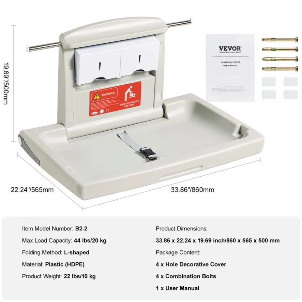 VEVOR Wall-Mounted Baby Changing Station, Horizontal Foldable Diaper Change Table with Safety Straps and Hanging Rods, Use in Commercial Bathrooms, Daycare Centers for Newborns & Infant