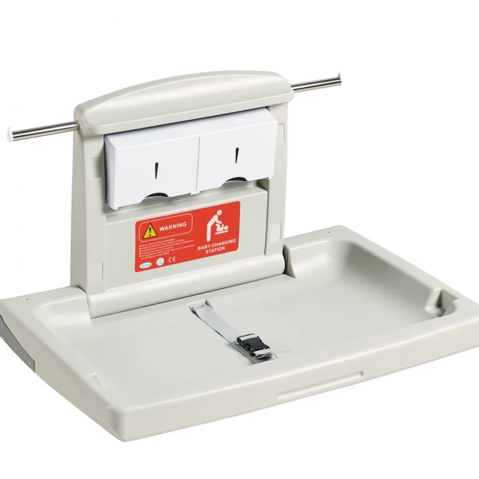 VEVOR Wall-Mounted Baby Changing Station, Horizontal Foldable Diaper Change Table with Safety Straps and Hanging Rods, Use in Commercial Bathrooms, Daycare Centers for Newborns & Infant
