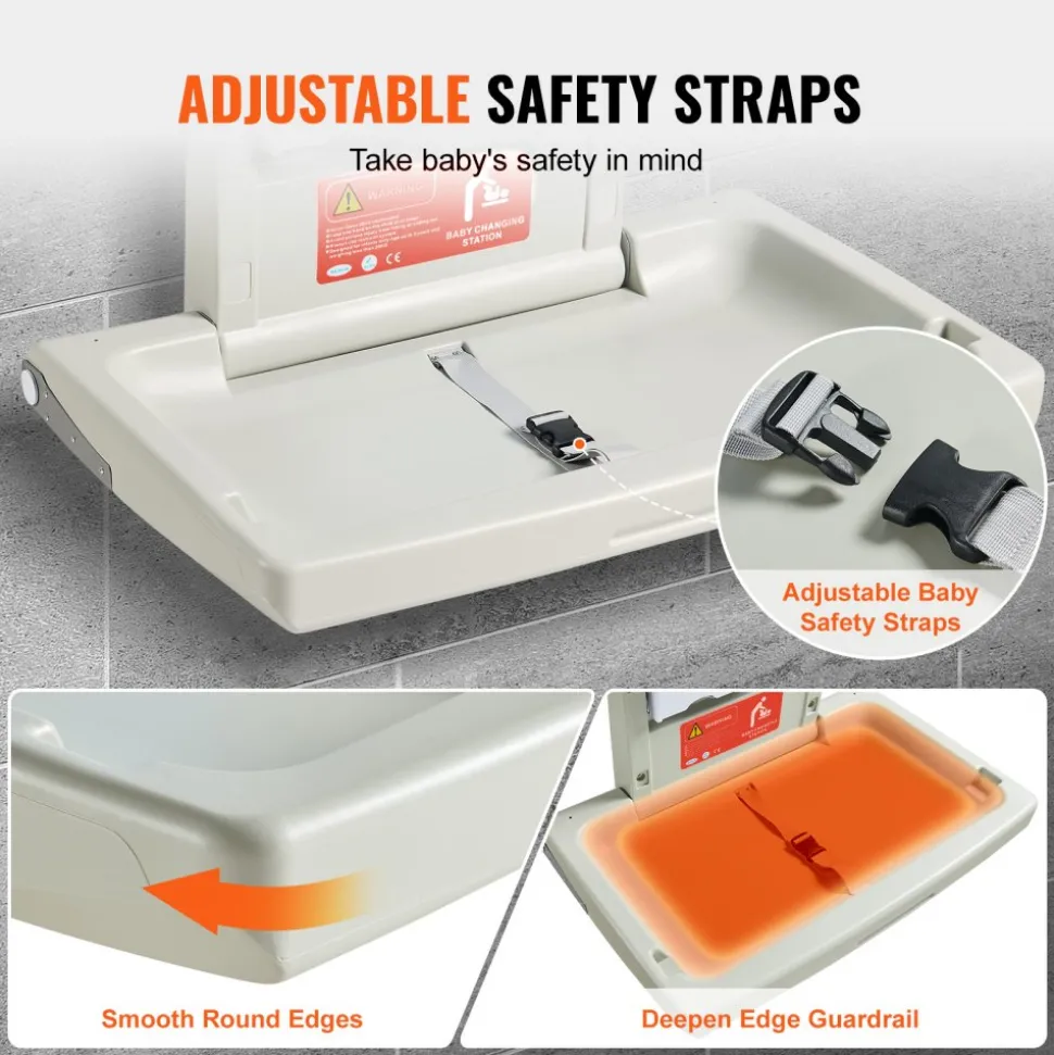 VEVOR Wall-Mounted Baby Changing Station, Horizontal Foldable Diaper Change Table with Safety Straps and Hanging Rods, Use in Commercial Bathrooms, Daycare Centers for Newborns & Infant