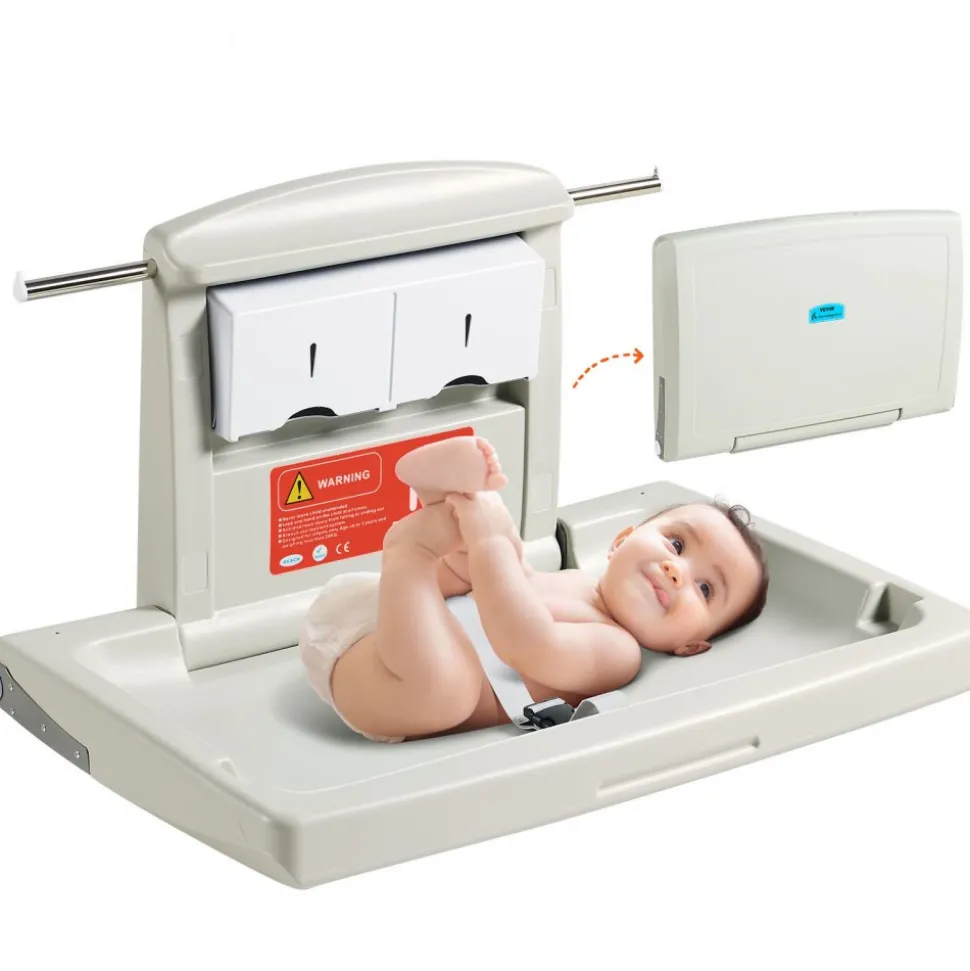 VEVOR Wall-Mounted Baby Changing Station, Horizontal Foldable Diaper Change Table with Safety Straps and Hanging Rods, Use in Commercial Bathrooms, Daycare Centers for Newborns & Infant