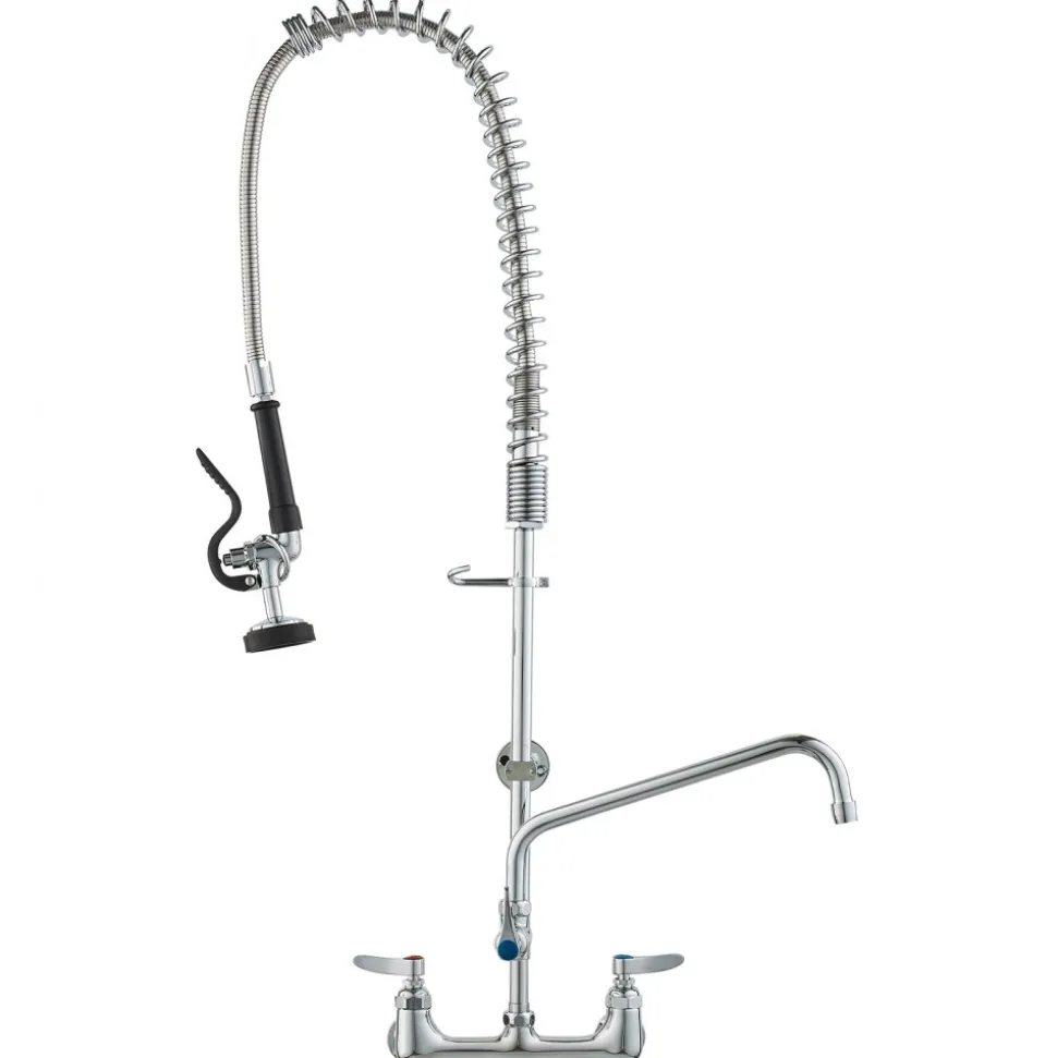 VEVOR Wall-Mounted Brass Kitchen Faucet, 36" Tall, 8" Installation Width, Includes 12" Rotating Spout and Pull-Down Sprayer, Suitable for Single, Double, or Triple Sinks