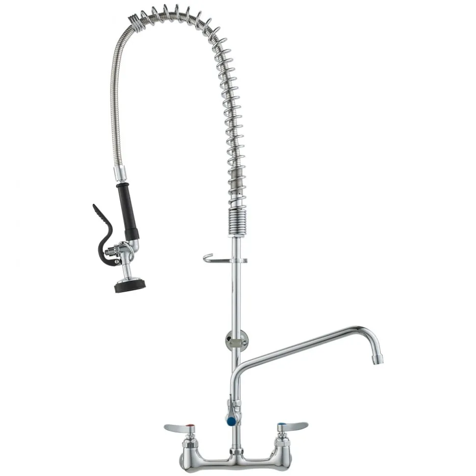 VEVOR Wall-Mounted Brass Kitchen Faucet, 36" Tall, 8" Installation Width, Includes 12" Rotating Spout and Pull-Down Sprayer, Suitable for Single, Double, or Triple Sinks