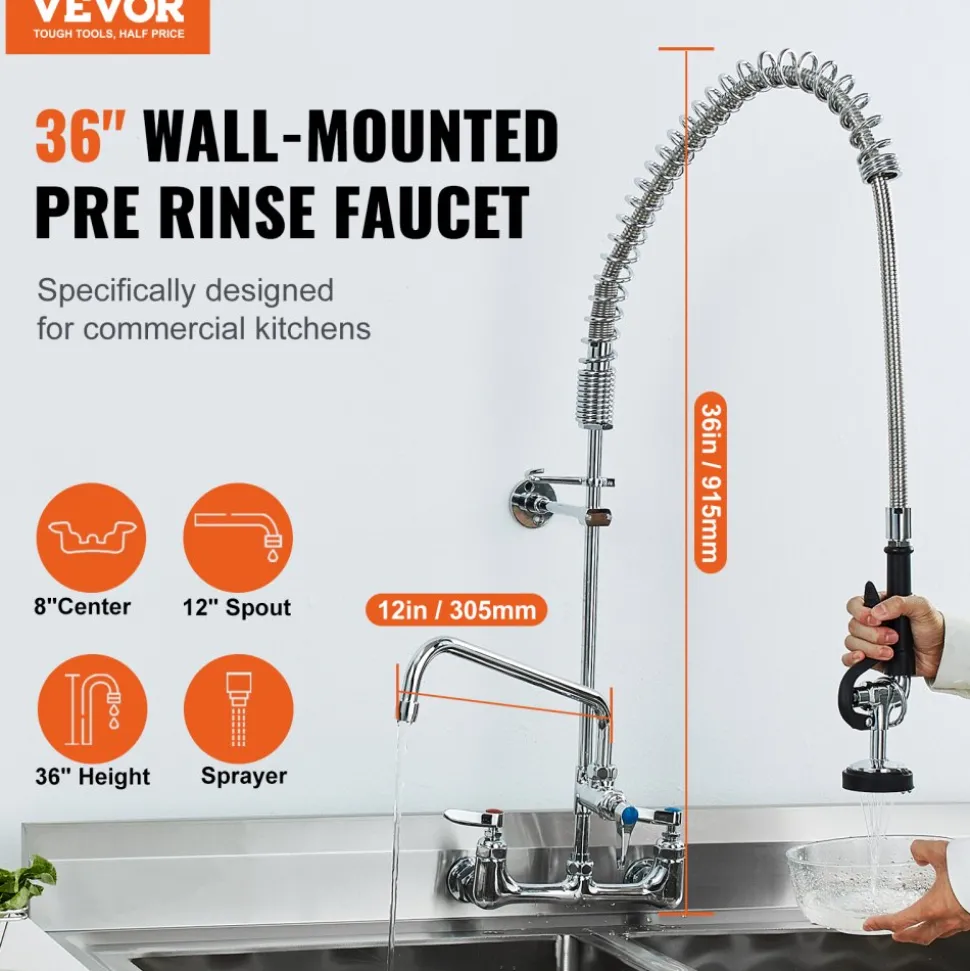 VEVOR Wall-Mounted Brass Kitchen Faucet, 36" Tall, 8" Installation Width, Includes 12" Rotating Spout and Pull-Down Sprayer, Suitable for Single, Double, or Triple Sinks