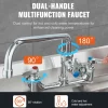 VEVOR Wall-Mounted Brass Kitchen Faucet, 21" Tall, 8" Installation Width, Includes 12" Rotating Spout and Pull-Down Sprayer, Suitable for Single, Double, or Triple Sinks