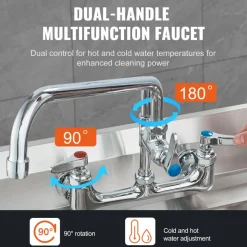 VEVOR Wall-Mounted Brass Kitchen Faucet, 21" Tall, 8" Installation Width, Includes 12" Rotating Spout and Pull-Down Sprayer, Suitable for Single, Double, or Triple Sinks
