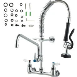 VEVOR Wall-Mounted Brass Kitchen Faucet, 21" Tall, 8" Installation Width, Includes 12" Rotating Spout and Pull-Down Sprayer, Suitable for Single, Double, or Triple Sinks
