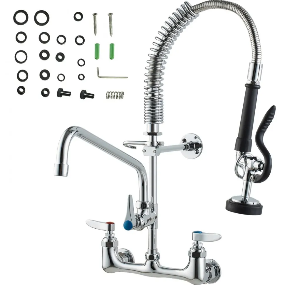 VEVOR Wall-Mounted Brass Kitchen Faucet, 21" Tall, 8" Installation Width, Includes 12" Rotating Spout and Pull-Down Sprayer, Suitable for Single, Double, or Triple Sinks