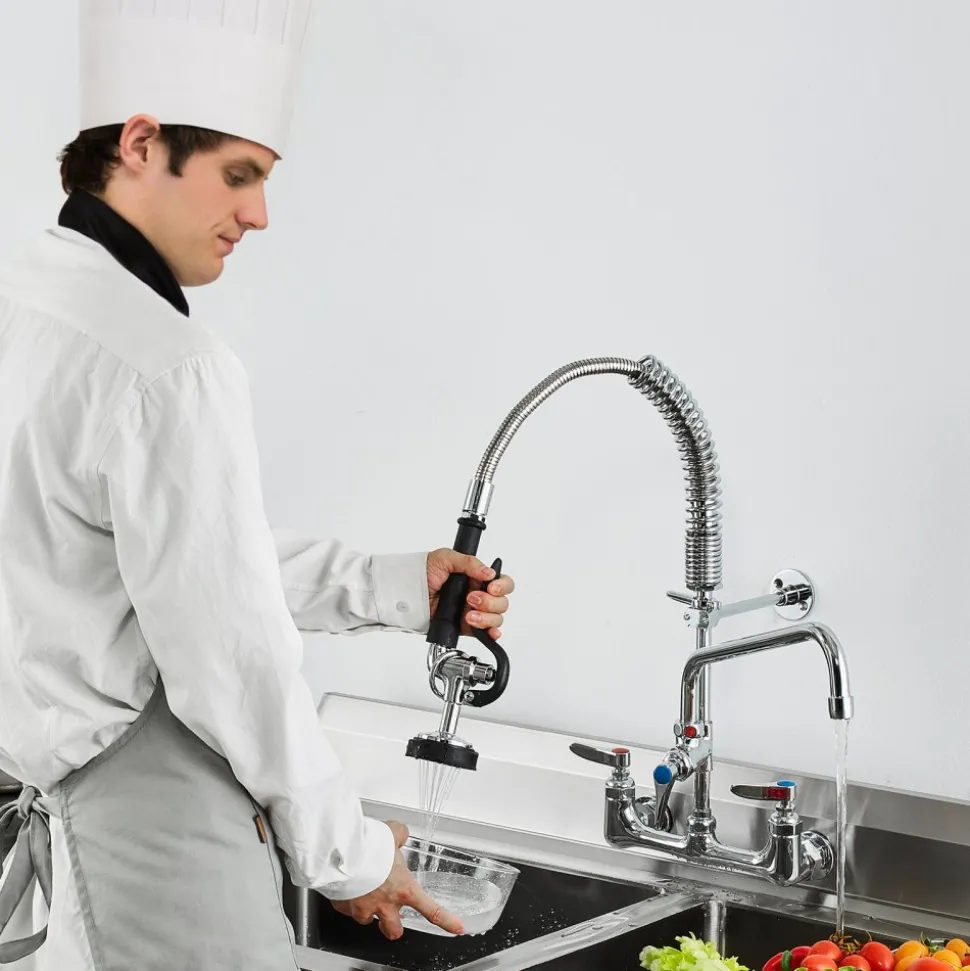 VEVOR Wall-Mounted Brass Kitchen Faucet, 21" Tall, 8" Installation Width, Includes 12" Rotating Spout and Pull-Down Sprayer, Suitable for Single, Double, or Triple Sinks