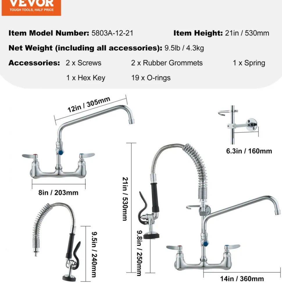 VEVOR Wall-Mounted Brass Kitchen Faucet, 21" Tall, 8" Installation Width, Includes 12" Rotating Spout and Pull-Down Sprayer, Suitable for Single, Double, or Triple Sinks