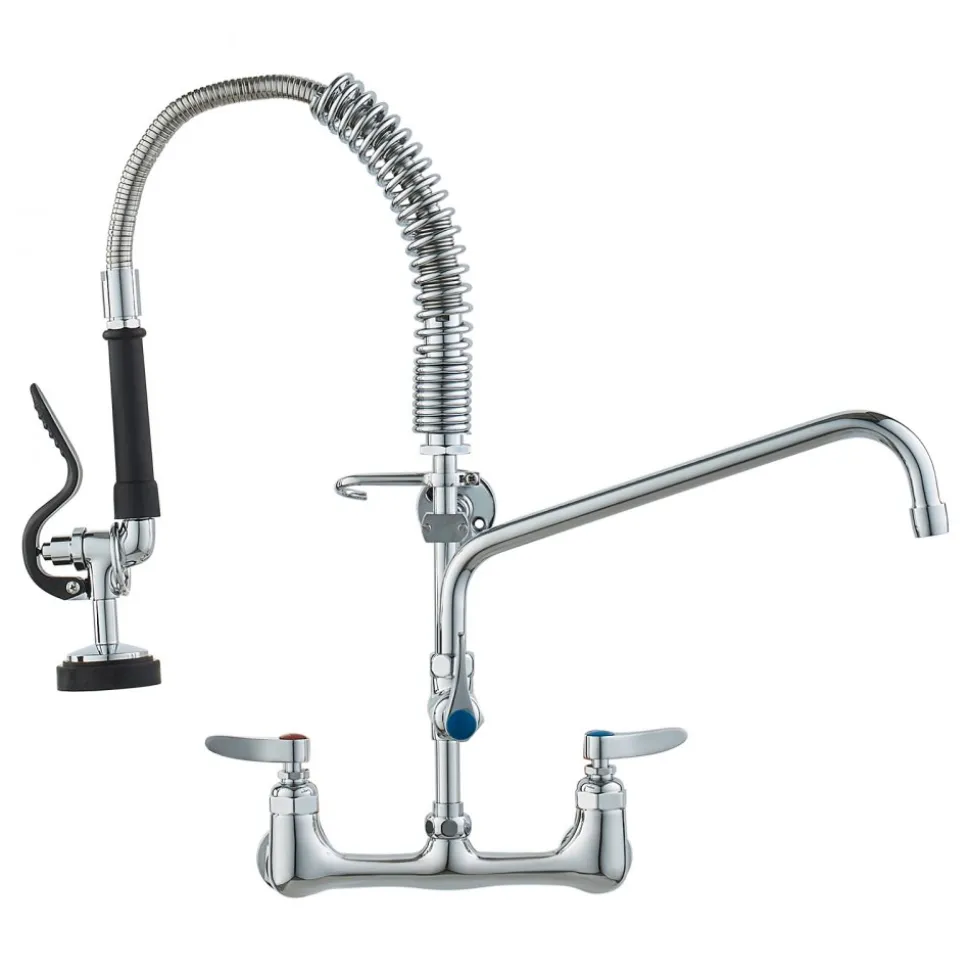 VEVOR Wall-Mounted Brass Kitchen Faucet, 21" Tall, 8" Installation Width, Includes 12" Rotating Spout and Pull-Down Sprayer, Suitable for Single, Double, or Triple Sinks