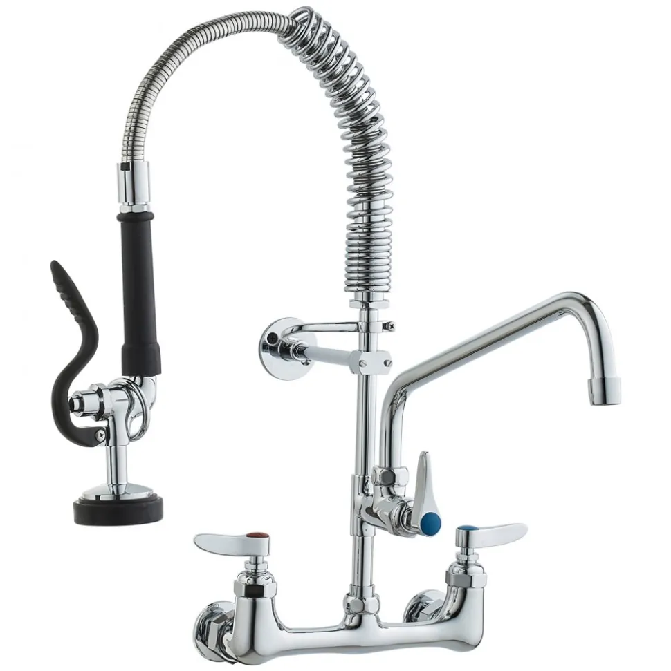 VEVOR Wall-Mounted Brass Kitchen Faucet, 21" Tall, 8" Installation Width, Includes 12" Rotating Spout and Pull-Down Sprayer, Suitable for Single, Double, or Triple Sinks