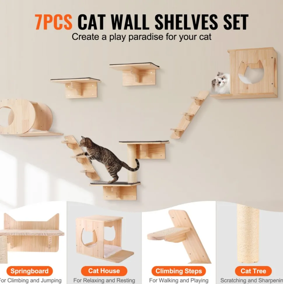 VEVOR Wall Mounted Cat Shelves, Cat Wall Shelves and Perches with Jumping Boards, Cat Beds, Hammocks & Cat Tree, Cat Furniture and Shelves up to 40 lbs for Sleeping, Playing, Climbing, Set of 7