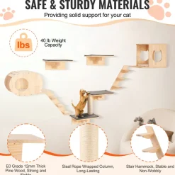 VEVOR Wall Mounted Cat Shelves, Cat Wall Shelves and Perches with Jumping Boards, Cat Beds, Hammocks & Cat Tree, Cat Furniture and Shelves up to 40 lbs for Sleeping, Playing, Climbing, Set of 7