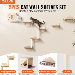 VEVOR Wall Mounted Cat Shelves, Cat Wall Shelves and Perches with Jumping Boards, Nest, Barrier Board & Cat Tree, Cat Floating Furniture up to 40 lbs for Sleeping, Playing, Climbing, Set of 5