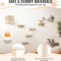VEVOR Wall Mounted Cat Shelves, Cat Wall Shelves and Perches with Jumping Boards, Nest, Barrier Board & Cat Tree, Cat Floating Furniture up to 40 lbs for Sleeping, Playing, Climbing, Set of 5