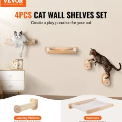 VEVOR Wall Mounted Cat Shelves, Cat Wall Shelves and Perches with Jumping Posts & Hammocks, Cat Furniture Set up to 40 lbs, Removable & Washable Coral Fleece for Sleeping, Playing, Climbing, Set of 4