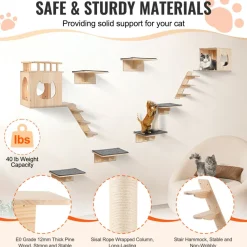 VEVOR Wall Mounted Cat Shelves, Cat Wall Shelves and Perches with Jumping Boards, Cat Beds, Hammocks & Cat Tree, Cat Furniture and Shelves up to 40 lbs for Sleeping, Playing, Climbing, Set of 9