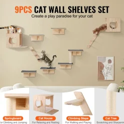 VEVOR Wall Mounted Cat Shelves, Cat Wall Shelves and Perches with Jumping Boards, Cat Beds, Hammocks & Cat Tree, Cat Furniture and Shelves up to 40 lbs for Sleeping, Playing, Climbing, Set of 9