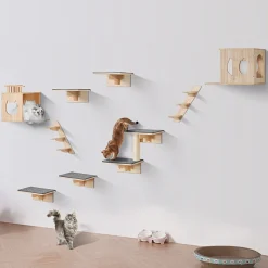 VEVOR Wall Mounted Cat Shelves, Cat Wall Shelves and Perches with Jumping Boards, Cat Beds, Hammocks & Cat Tree, Cat Furniture and Shelves up to 40 lbs for Sleeping, Playing, Climbing, Set of 9