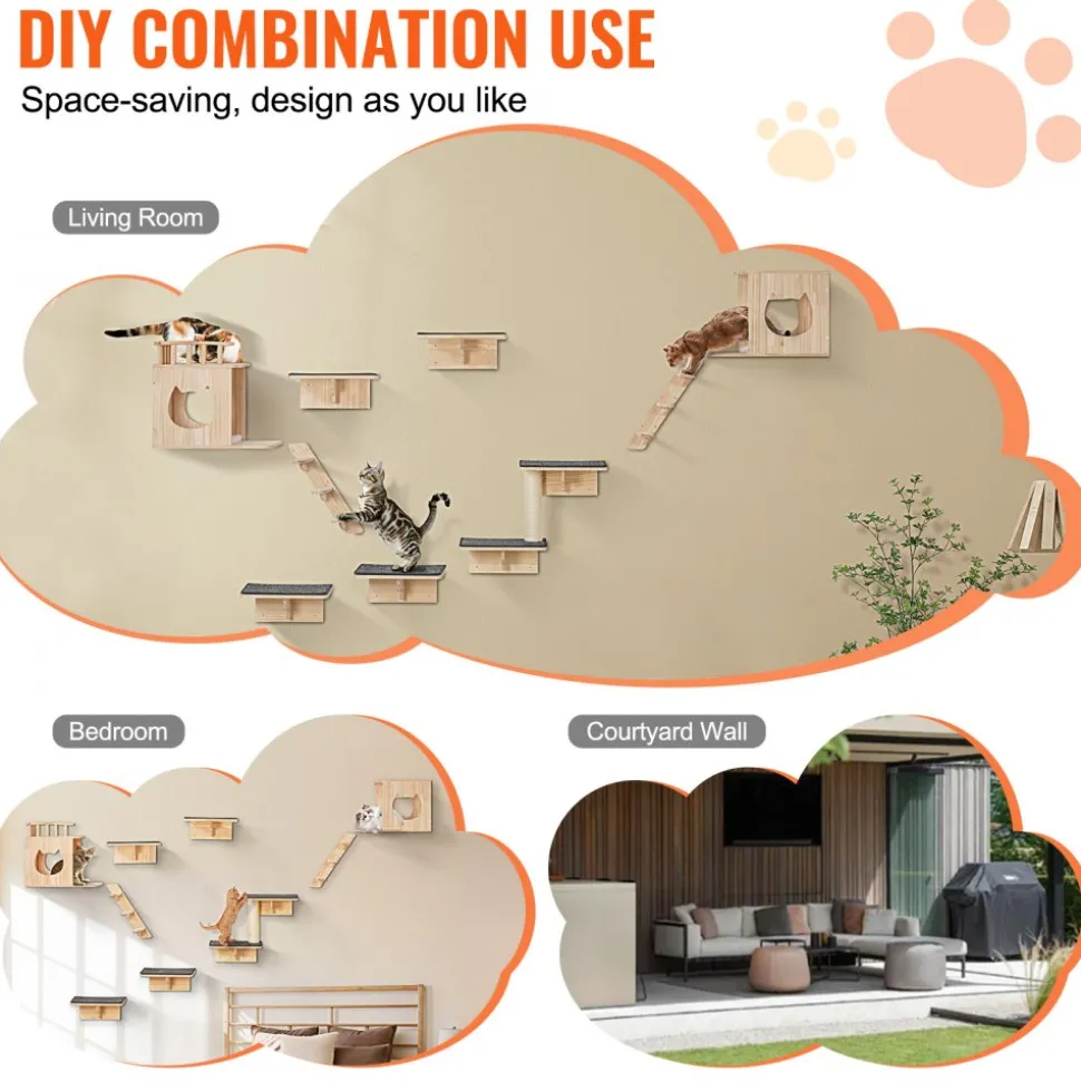 VEVOR Wall Mounted Cat Shelves, Cat Wall Shelves and Perches with Jumping Boards, Cat Beds, Hammocks & Cat Tree, Cat Furniture and Shelves up to 40 lbs for Sleeping, Playing, Climbing, Set of 9