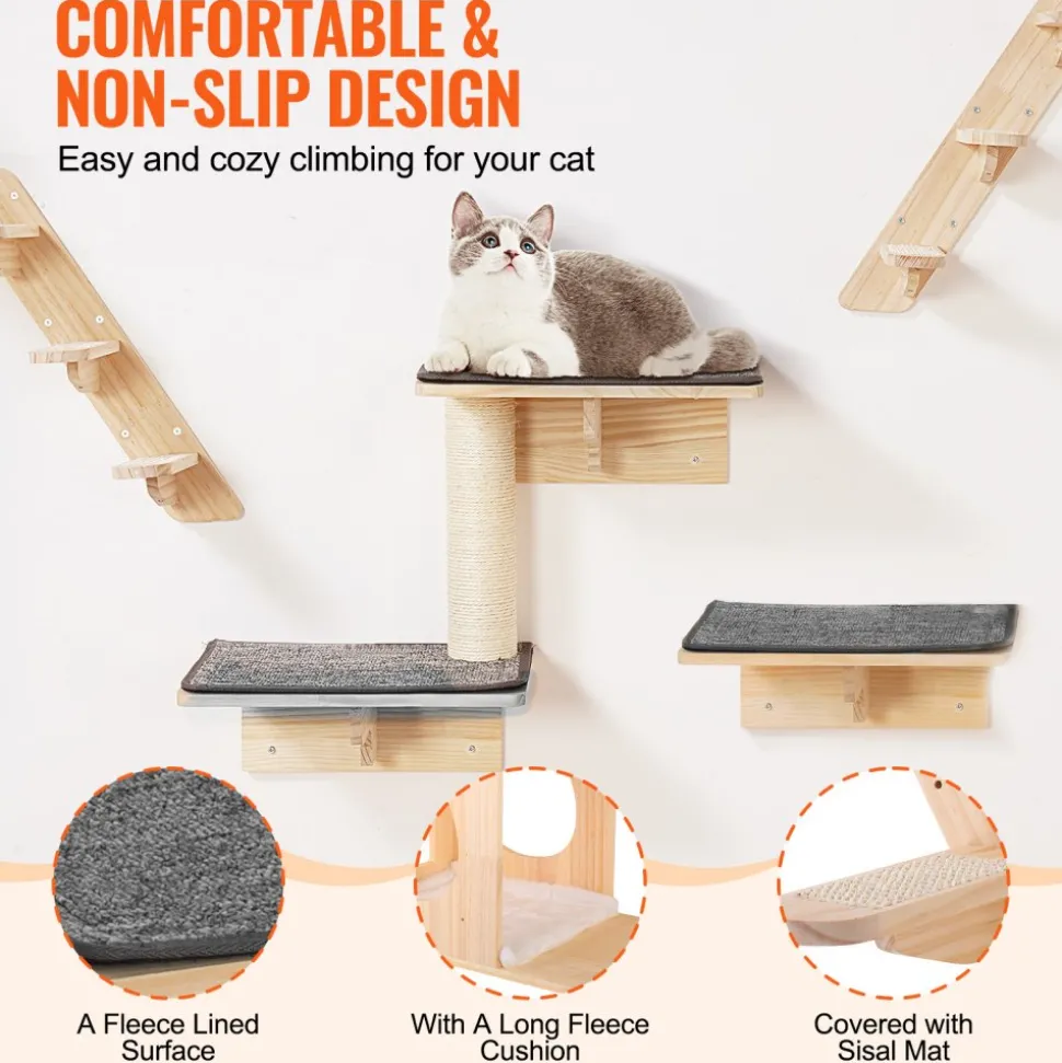 VEVOR Wall Mounted Cat Shelves, Cat Wall Shelves and Perches with Jumping Boards, Cat Beds, Hammocks & Cat Tree, Cat Furniture and Shelves up to 40 lbs for Sleeping, Playing, Climbing, Set of 9