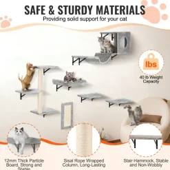 VEVOR Wall Mounted Cat Shelves, Cat Wall Shelves and Perches with Jumping Boards, Hammock, Sofa, Cat Tree & Cat Grip, Cat Furniture and Shelves up to 40 lbs for Sleeping, Playing, Climbing, Set of 6