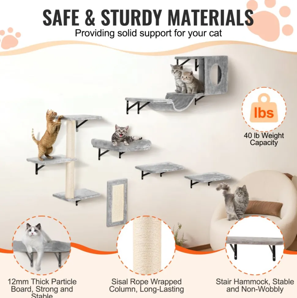 VEVOR Wall Mounted Cat Shelves, Cat Wall Shelves and Perches with Jumping Boards, Hammock, Sofa, Cat Tree & Cat Grip, Cat Furniture and Shelves up to 40 lbs for Sleeping, Playing, Climbing, Set of 6