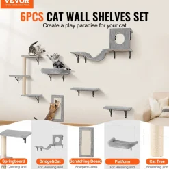 VEVOR Wall Mounted Cat Shelves, Cat Wall Shelves and Perches with Jumping Boards, Hammock, Sofa, Cat Tree & Cat Grip, Cat Furniture and Shelves up to 40 lbs for Sleeping, Playing, Climbing, Set of 6