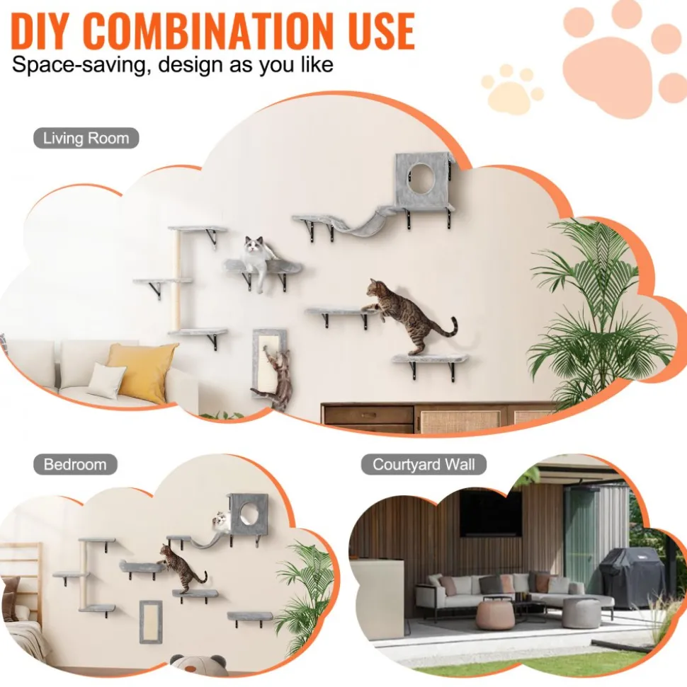 VEVOR Wall Mounted Cat Shelves, Cat Wall Shelves and Perches with Jumping Boards, Hammock, Sofa, Cat Tree & Cat Grip, Cat Furniture and Shelves up to 40 lbs for Sleeping, Playing, Climbing, Set of 6
