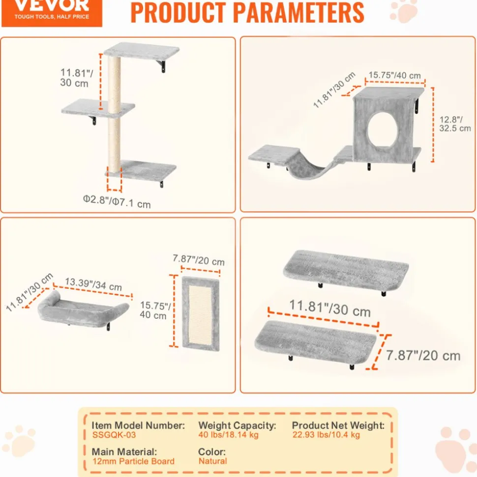 VEVOR Wall Mounted Cat Shelves, Cat Wall Shelves and Perches with Jumping Boards, Hammock, Sofa, Cat Tree & Cat Grip, Cat Furniture and Shelves up to 40 lbs for Sleeping, Playing, Climbing, Set of 6